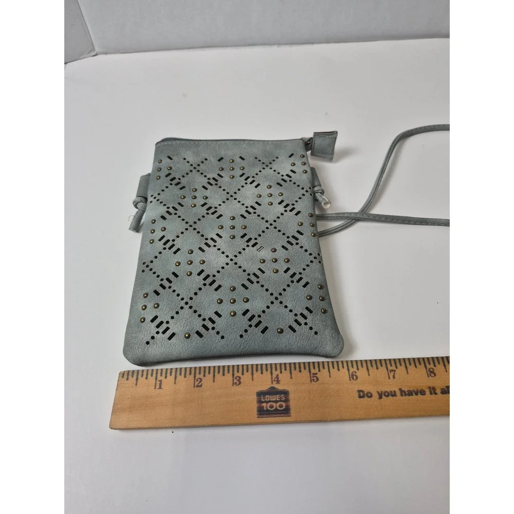 Stay Beautiful Laser Cut Studded Crossbody Phone Bag Blue Faux Suede boho